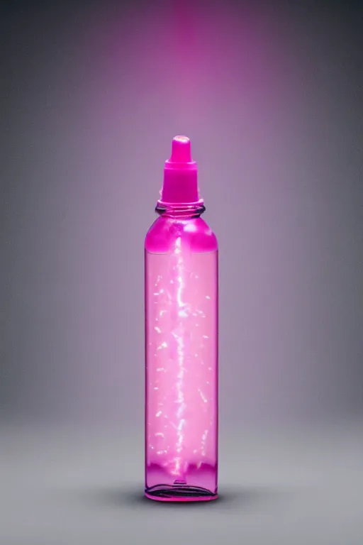 Prompt: nasal spray bottle filled with glowing pink liquid, pink gas erupts out of the thin nozzle