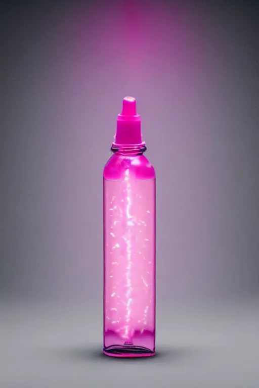 Image similar to nasal spray bottle filled with glowing pink liquid, pink gas erupts out of the thin nozzle