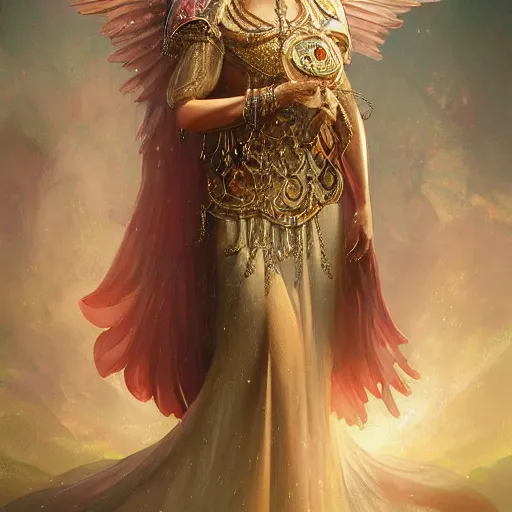 Image similar to A beautiful digital painting of a female Seraphim full of jewels, princess, the moon behind her, intricate, cinematic lighting, highly detailed, digital painting, Artstation, concept art, smooth, sharp focus, illustration, art by Tom Bagshaw, Artgerm and Greg Rutkowski