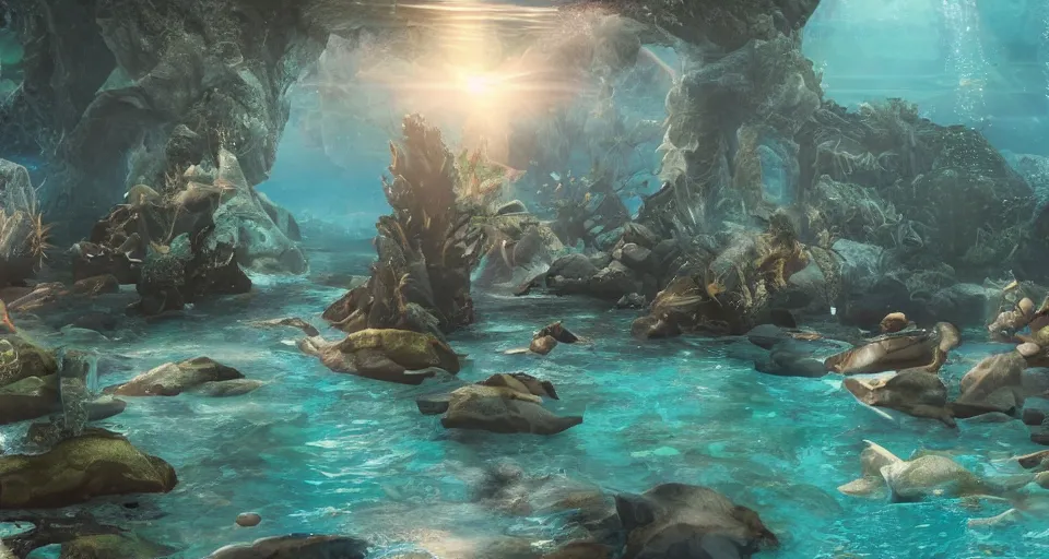 Prompt: fantasy underwater world with ancient buildings, mermaids and fish, light rays coming from above through the water, hyperrealistic, 8K, octane render
