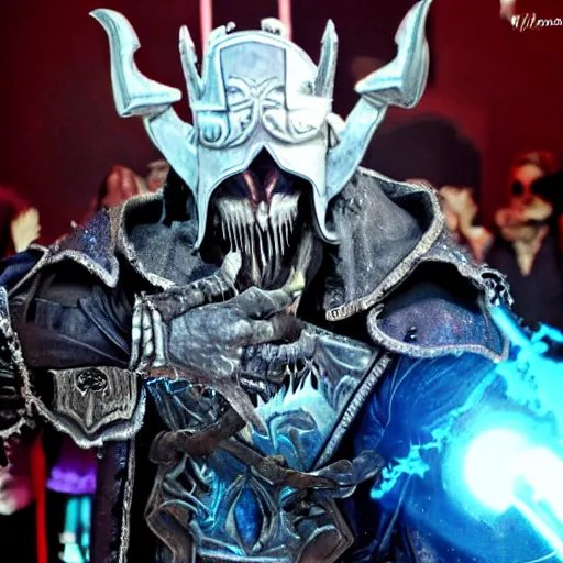 Image similar to The Lich King from World of Warcraft dancing at a disco