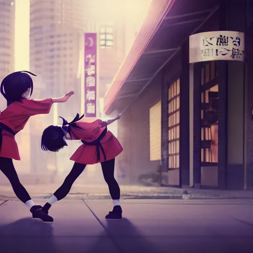 Prompt: two japanese schoolgirls fighting in the parking lot of a store at night, intricate details, complementary lighting, detailed face, backlighting, octane render, raytraced, depth of field, extremely detailed, trending in artstation, sharp focus, radiant light, beautiful composition, yihao ren, zochi, zero - hour, jean paul fiction