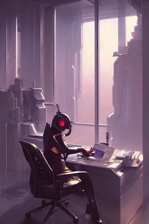 Image similar to futuristic office, cyberpunk, painting by greg rutkowski, j. c. leyendecker, artgerm