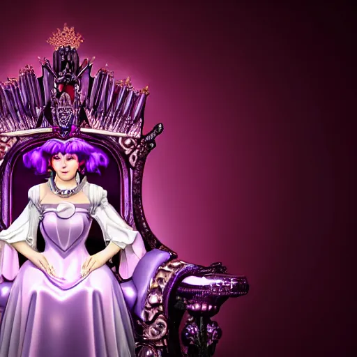 Image similar to A 4k photo of a evil princess with purple hair wearing a diamond crown, sitting in a throne in a dark room. Back light