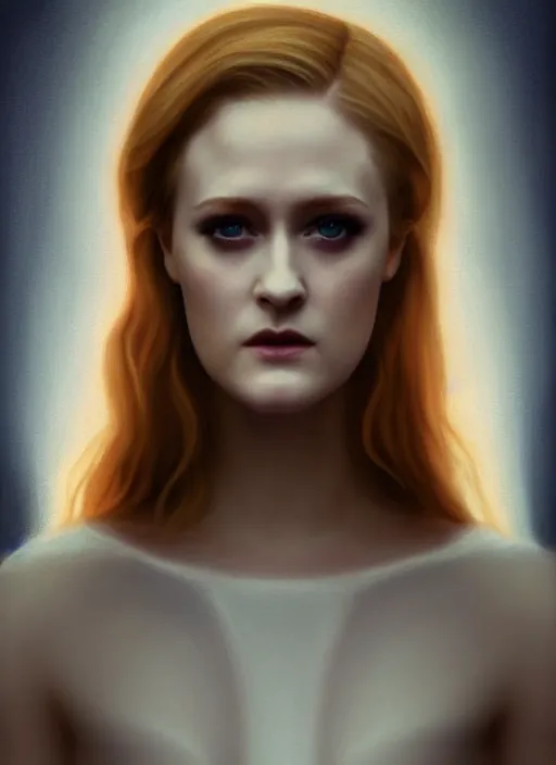 Prompt: goddess, Evan Rachel Wood, pale, holy, angelic, gorgeous, full body white dress, symmetrical face, sky, high fantasy, concept art, warm lighting, mood lighting, painting