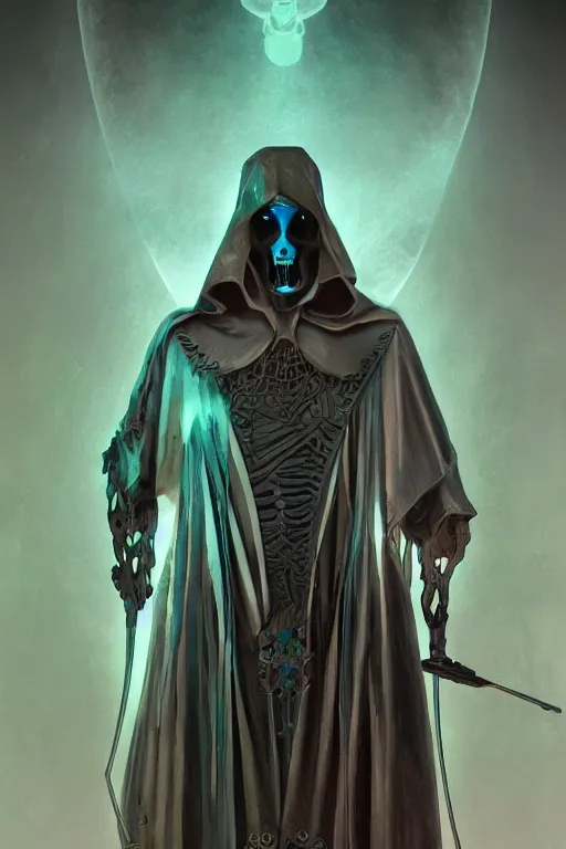 Image similar to art deco jugendstil grim reaper, hyper detailed, bioluminescent, background fortress, digital art, trending in artstation, cinematic lighting, studio quality, smooth render, unreal engine 5 rendered, octane rendered, art style by ian sprigger and cushart and archan nair, jack kirby and simon bisley, physically based rendering