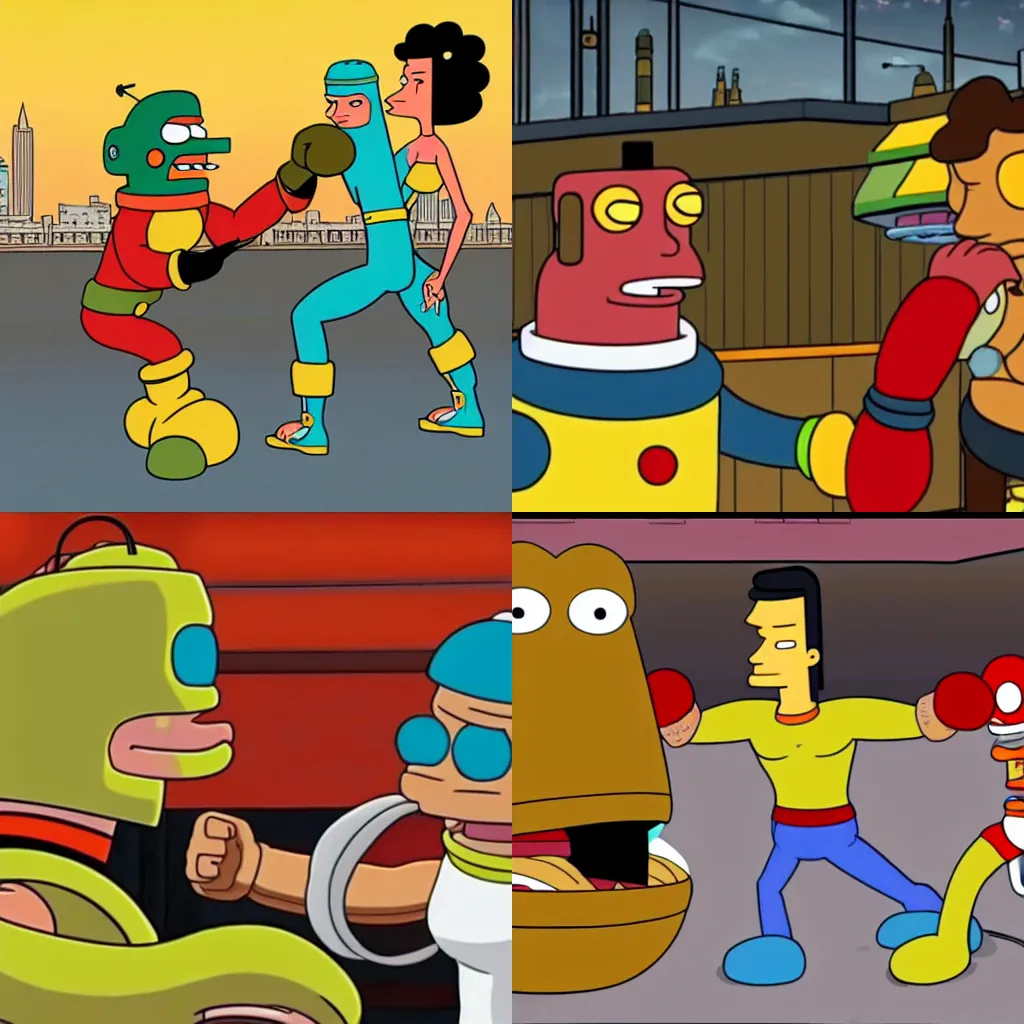 Prompt: futurama bender fighting muhammad ali in mcdonalds