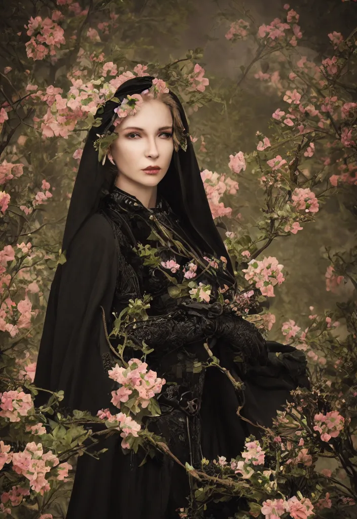 Image similar to a portrait of a beautiful woman wearing a black cloak with flowers and skulls in a romantic style, extremely realistic and highly detailed 8 k, sharp focus, octane render, dramatic volumetric lighting and extremely realistic faces