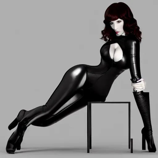 Image similar to 3 d render of christina hendricks in black leather bodysuit, smooth, intricate, octane, reflects, ultra detailed, sharp focus, symmetry