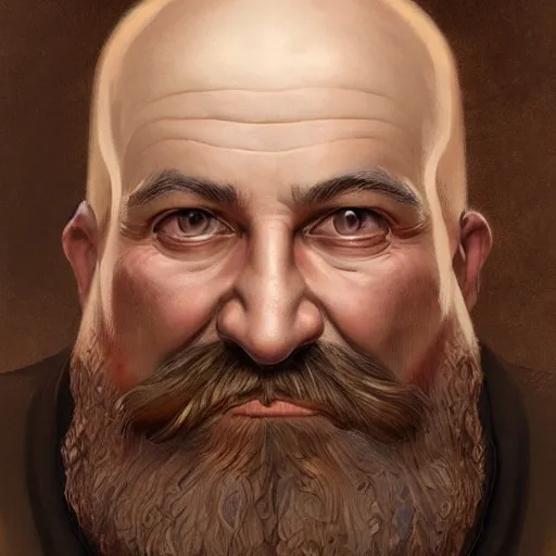 Image similar to Three quarters vintage portrait of a bald male steampunk dwarf with long brown beard, highly detailed, digital painting, art by Stanley Lau and Artgerm and magali villeneuve and Alphonse Mucha, artstation, octane render, cgsociety