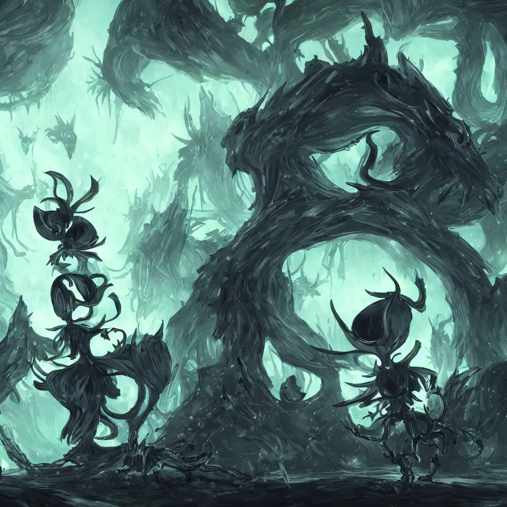 Prompt: concept art for hollow knight. Ominous. High detail. No text. Green. Vibrant Colors. nightmare king grimm. Sharp. 4K 8K. Detailed shapes.