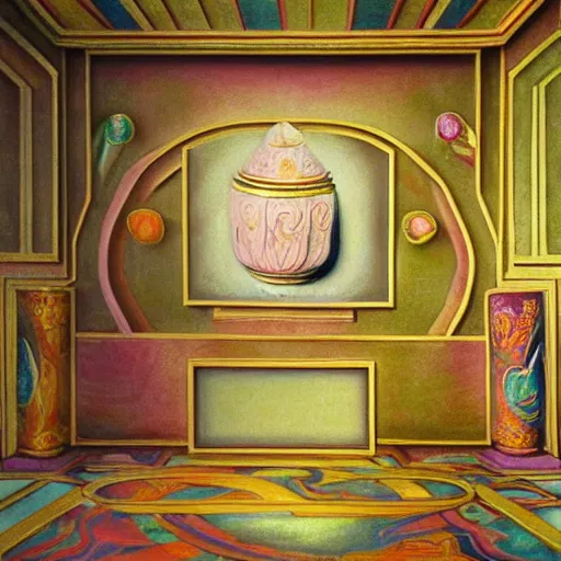 Image similar to still life renaissance pastel painting of a room with a marbled pedestal displaying an ancient holy artifact lotus, chromed and ornate with gentle iridescent shine from within. perspective from the side. realistic light and shadows. moody final fantasy concept art