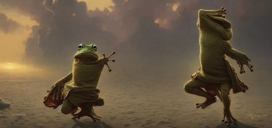 Prompt: a frog in a sweater dancing in the desert storm by Stanley Artgerm Lau, greg rutkowski, thomas kindkade, alphonse mucha, loish, norman Rockwel