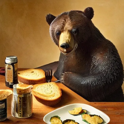 Prompt: grizzly bear making blt sandwiches in the style of rembrandt