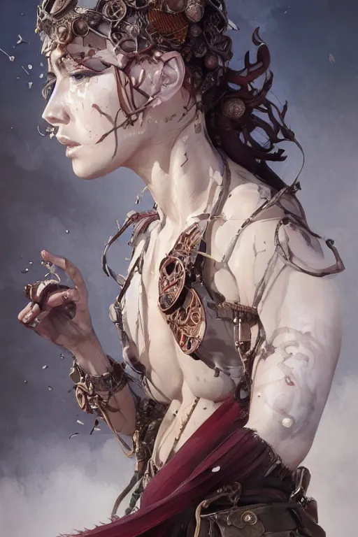 Image similar to A masterpiece portrait of a Incredibly beautiful queer Syberian post apocalyptic shaman girl . medium shot, intricate, elegant, highly detailed. trending on artstation, digital art, by Stanley Artgerm Lau, WLOP, Rossdraws, James Jean, Andrei Riabovitchev, Marc Simonetti, Yoshitaka Amano