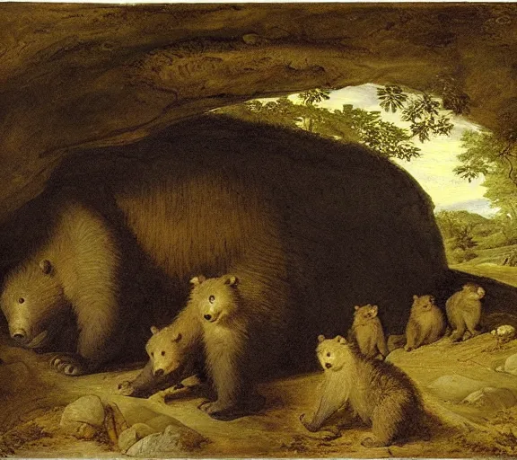 Image similar to viewer looking into dark cave and seeing a mother bear and her cubs sleeping, night time, artwork by Pieter Claesz, impressionism