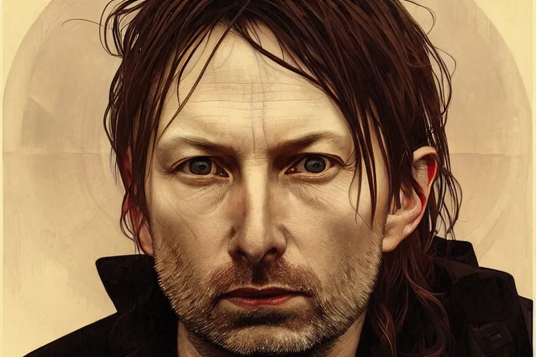 Prompt: hyper realistic portrait of radiohead singer songwriter, by lee bermejo, alphonse mucha and greg rutkowski