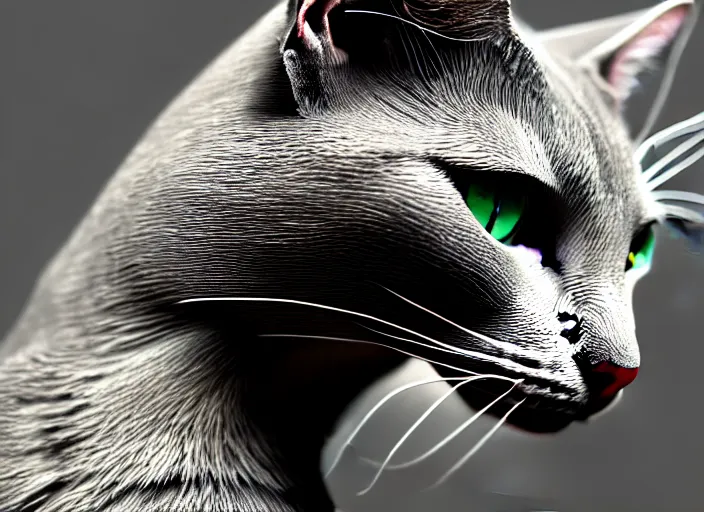 Prompt: hyperrealism, detailed textures, photorealistic 3 d render, a beautiful grey coloured cat with medium hair length, one million lave rivers, sharp focus, ultra realistic, ultra high pixel detail, cinematic, intricate, cinematic light, concept art, illustration, art station, unreal engine 8 k