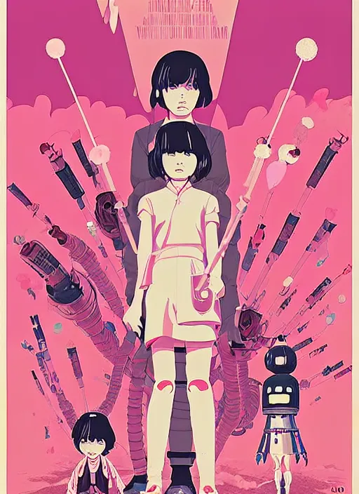 Prompt: a movie poster for a film based on the song Yoshimi battles the pink robots, part 1. by the band the flaming lips; artwork by Hiyao Miyazaki and studio Ghibli; a Japanese girl is fighting a gigantic evil Pink Robot in an alley in Tokyo; incredibly detailed artwork by James jean, Phil noto, Jon Foster, studio Ghibli