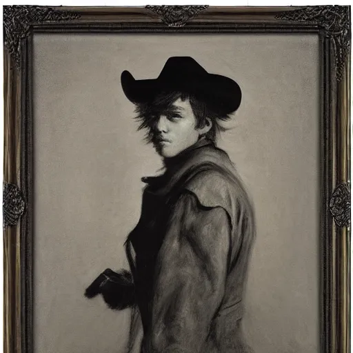 Image similar to portrait of a young action hero cowboy monster hunter, by alfred stevens in charcoal