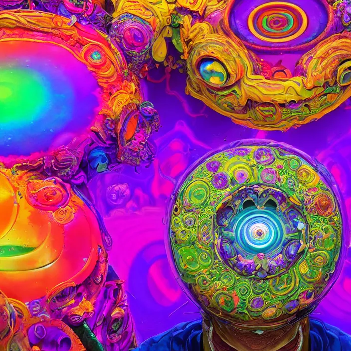 Image similar to portrait of an acid lsd psychedelic all seeing chakra meditation lotus third eye infected with rainbow fungi. intricate abstract. intricate artwork. interdimensional, by Tooth Wu, wlop, beeple, dan mumford. octane render, trending on artstation, greg rutkowski very coherent. cinematic, hyper realism, high detail, octane render, 8k, multicolored accents