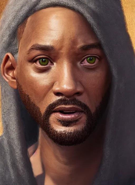 Image similar to portrait of will smith as jesus, au naturel, hyper detailed, digital art, trending in artstation, cinematic lighting, studio quality, smooth render, unreal engine 5 rendered, octane rendered, art style by klimt and nixeu and ian sprigger and wlop and krenz cushart.