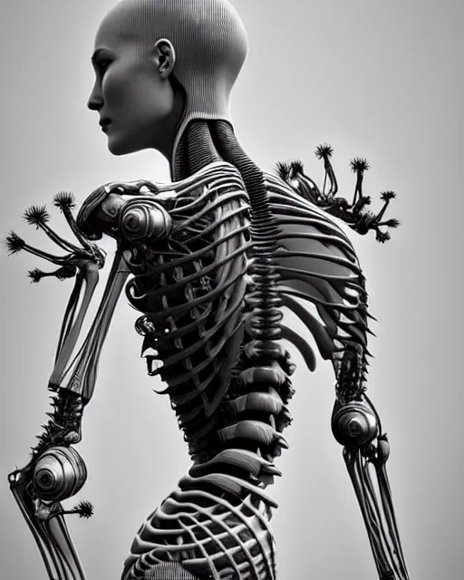 Image similar to raw bw 3 d redshift render biomechanical intricate spinal ribbed organic body detail of mechanical female vegetal - cyborg, beautiful insanely detailed, digital art, octane render, 8 k artistic photography, photo - realistic, unreal engine