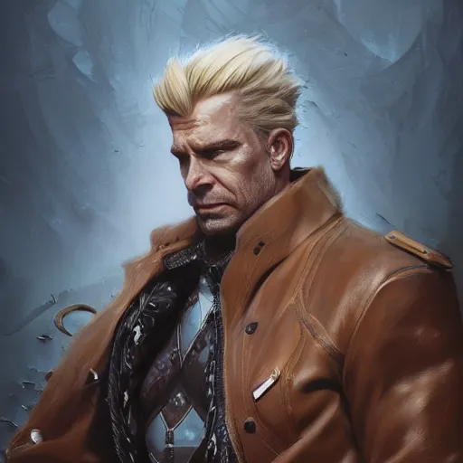 Image similar to portrait of a muscular, grim, ponytail haired blonde man in his late 30's, wearing a thick brown leather coat, looking to his side, scarred face, blue eyes, hunter, DnD character, fantasy character, dramatic lighting, digital art by Ruan Jia, Krenz Cushart, Rossdraws and Boris Vallejo