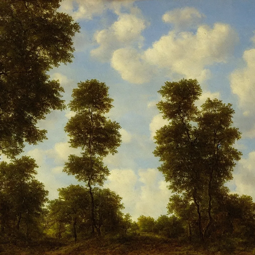 Image similar to a realistic oil painting of a forest and the sky at midday, dutch masters