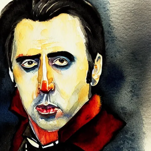 Image similar to watercolor portrait of nicolas cage as count dracula, detailed, centered, duotone