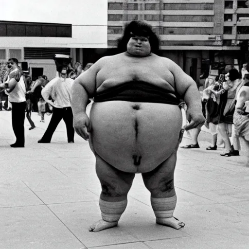 Image similar to 1 9 8 0 s sumo wrestler street performer