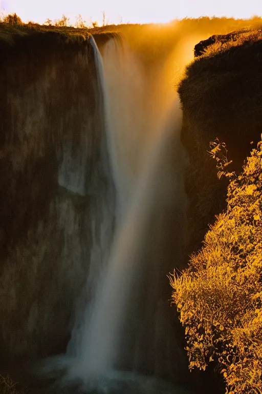 Image similar to the ends of the earth where a waterfall sat i drew in my first and last breath. beneath that golden hour light new life