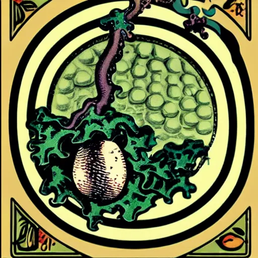 Prompt: a Giraud vintage logo with, toads, eggs, a vine ivy and eyes and octupus