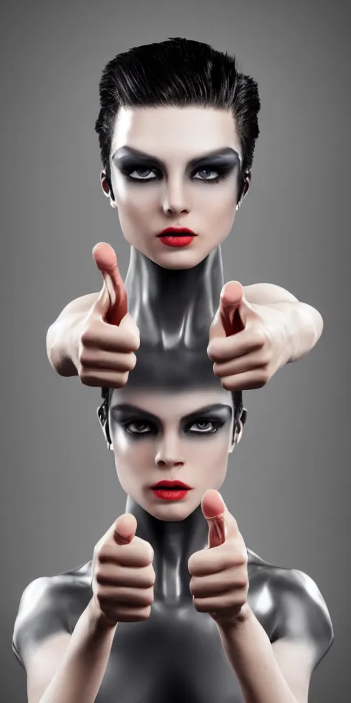 Prompt: stunning androgynous android with many eyes and hands and with an intense look giving a thumbs up to the camera