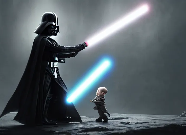 Image similar to a dramatic highly detailed render of darth vader with lightsaber drawn facing off against a cute baby, futuristic star wars vibe, by WLOP and Artgerm and Greg Rutkowski and Alphonse Mucha, Beautiful dynamic dramatic dark moody lighting, shadows, cinematic atmosphere, Artstation, concept design art, Octane render, 8K, masterpiece, sharp focus, hyperrealistic