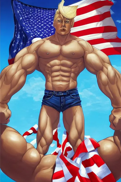 Image similar to a handsome man with blonde hair who is also a male android, ken, donald trump, muscular, wearing a cut-off white tank top and short american flag shorts, stands by a swimming pool, facing forward, in the style of artgerm and moebius and annie liebovitz, photorealistic, highly detailed