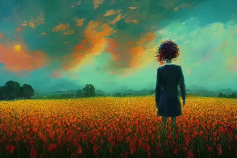 Prompt: closeup, giant flower head, girl in suit walking in field of flowers, surreal photography, sunrise, blue sky, dramatic light, impressionist painting, digital painting, artstation, simon stalenhag