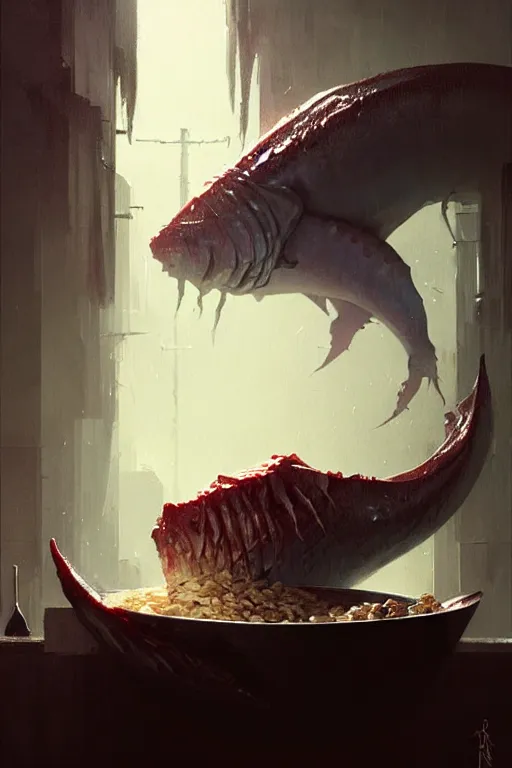 Image similar to greg rutkowski. giant wet fleshy creature over a bowl of yummy cereal