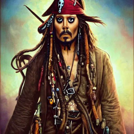 Image similar to a hyperrealistic illustration of Captain Jack Sparrow as Davy Jones, Davy Jones with Tentacles, Face hybrid of Davy Jones and Jack Sparrow, Pirates of the Caribbean Ship with fractal sunlight in the Background, award-winning, masterpiece, in the style of Tom Bagshaw, Cedric Peyravernay, Peter Mohrbacher