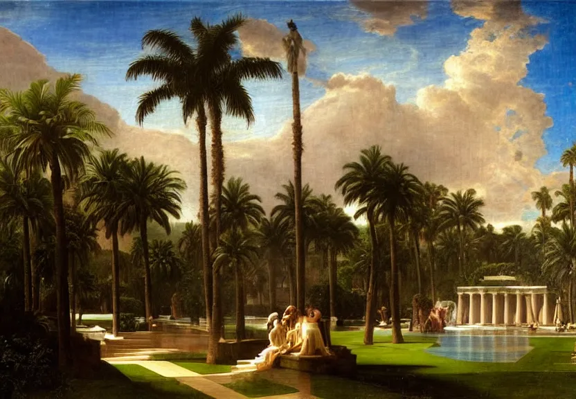 Image similar to The biggest palace ever made, thunderstorm, greek pool, beach and palm trees on the background major arcana sky, by paul delaroche, hyperrealistic 8k, very detailed