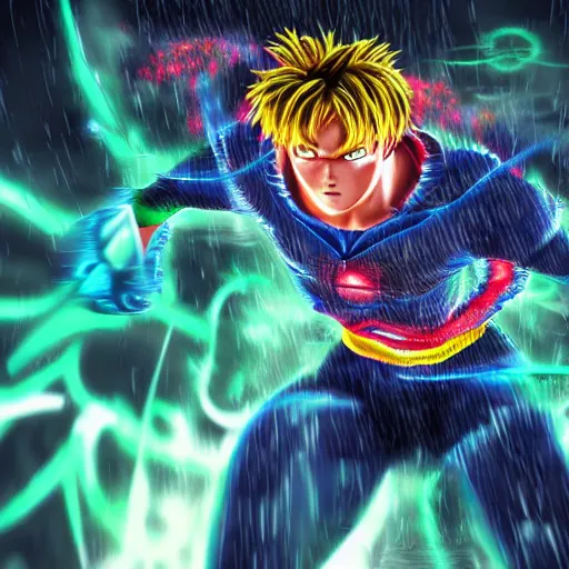 Image similar to Cyber Ultra Instict Goku Portrait, Smooth Digital Artwork, Fractal Chaos Background, Rendered in Maya, Hyperdetailed, Cinematic Shot, in style of Kentaro Miura