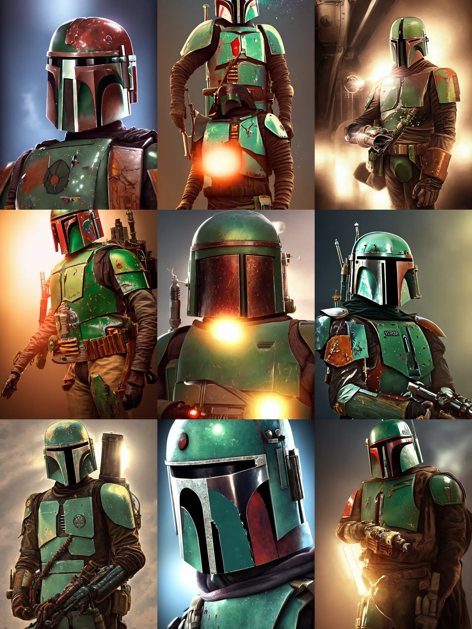 Prompt: portrait art of steampunk boba fett, 8k ultra realistic , lens flare, atmosphere, glow, detailed,intricate, full of colour, cinematic lighting, trending on artstation, 4k, hyperrealistic, focused, extreme details,unreal engine 5, cinematic, masterpiece