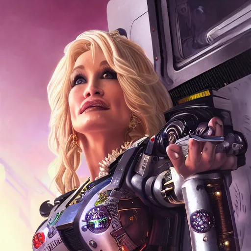 Prompt: closeup of cyborg Dolly Parton holding a books, cyberpunk 2077 setting, intricate, elegant, highly detailed, digital painting, artstation, concept art, matte, sharp focus, illustration, hearthstone, art by Artgerm and Greg Rutkowski and Alphonse Mucha