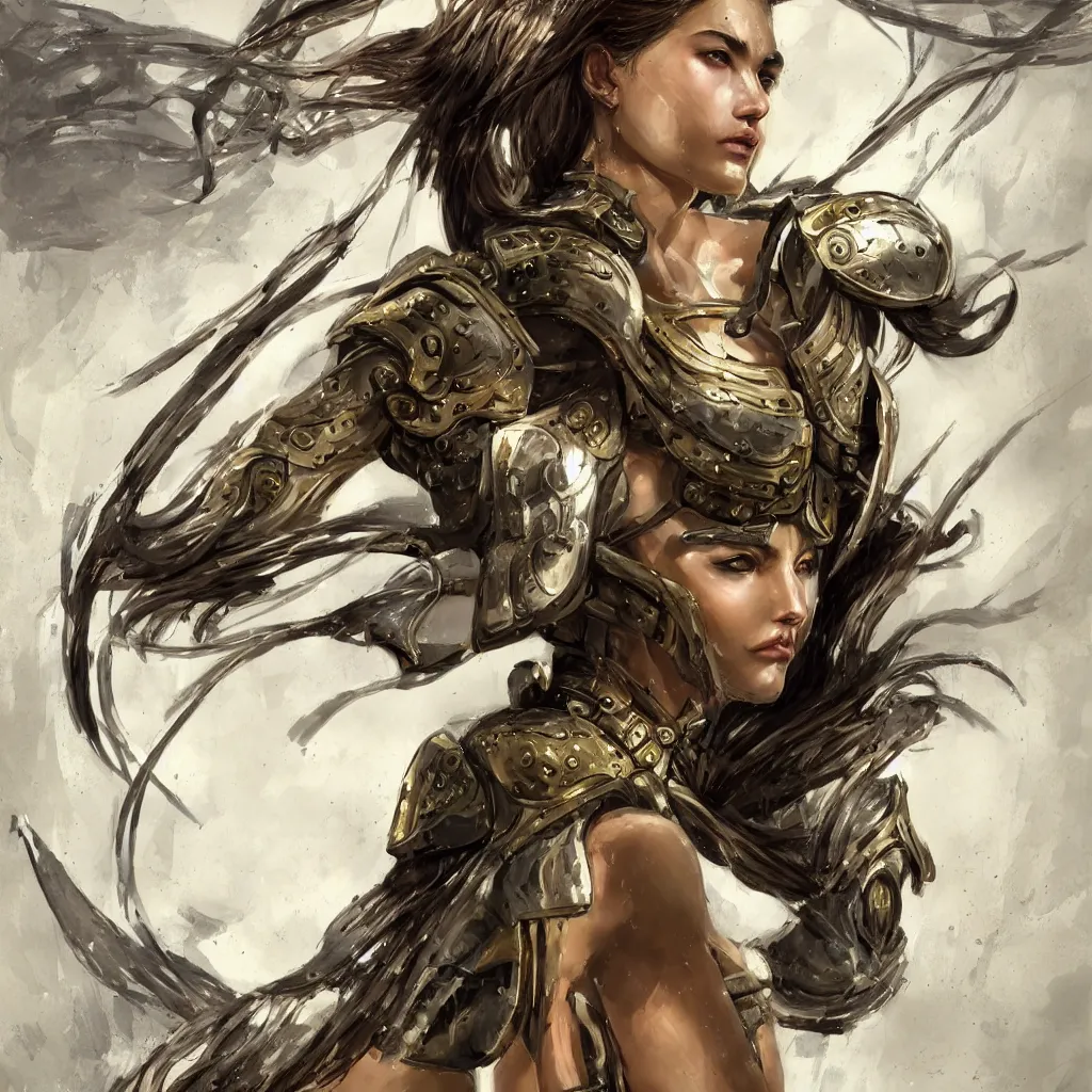 Image similar to a professionally painting of an attractive young goddess, partially wrapped in battle armor, olive skin, long dark hair, beautiful bone structure, perfectly proportioned, symmetrical facial features, intricate, elegant, heroic pose, digital painting, concept art, smooth, sharp focus, finely detailed, abstractly framed, from Metal Gear, in the mixed styles of Ruan Jia and Mandy Jurgens and Artgerm and William-Adolphe Bouguerea