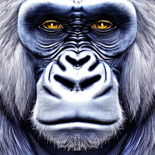 Prompt: A ((((potrait)))) of pure white faced silver back gorilla , covering its head with a deep blue cloth , digital art