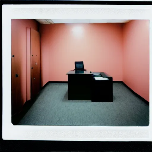 Image similar to polaroid photo a of lonely office space, desolate atmosphere, faint pink led string lights can be seen, portra 800