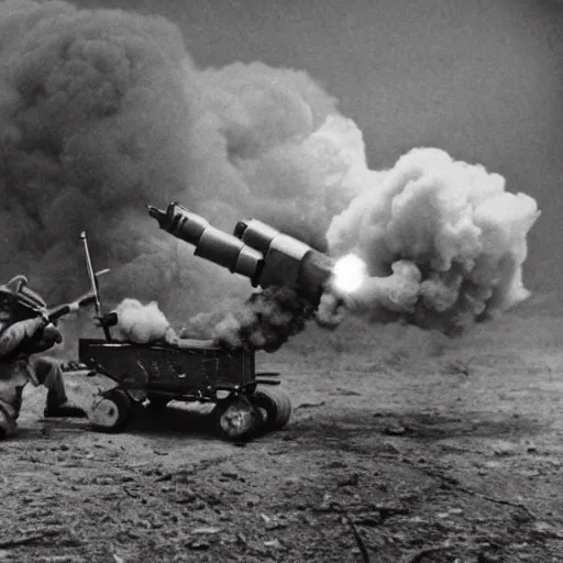 Prompt: minions firing a minigun from a pillbox, debris and dirt flying from recoil, smoke, war photography