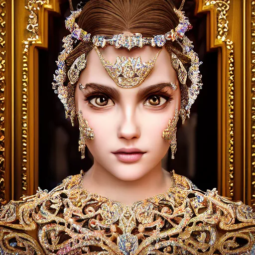 Image similar to portrait of pretty princess with perfect skin, glowing, ornate and intricate diamond jewelry, jaw dropping beauty, ornate and intricate backdrop, white accent lighting, hyper detailed, 4 k octane render