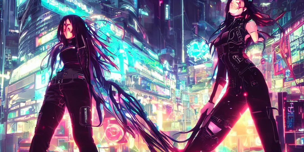 Image similar to full digital cyberpunk anime!!, shattered cyborg - girl in the style of arcane!!!, lightning, raining!!, water refractions!!, black long hair!, biomechanical details, neon background lighting, reflections, wlop, ilya kuvshinov, artgerm