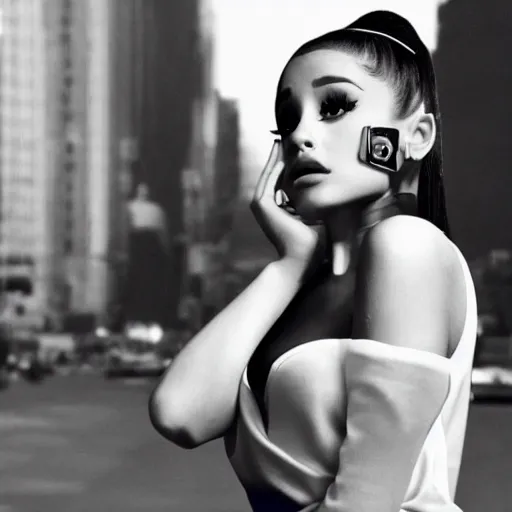 Image similar to ariana grande in a retrofuturistic city, retro futuristic fashion, photography award winning,